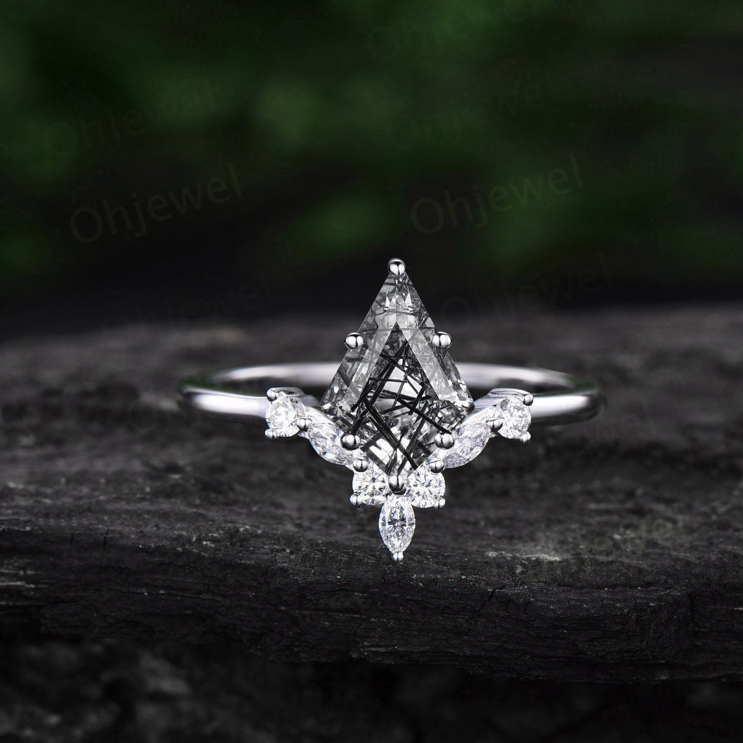 6 prong kite cut black rutilated quartz ring unique engagement ring 14k rose gold art deco diamond wedding promise anniversary ring women
