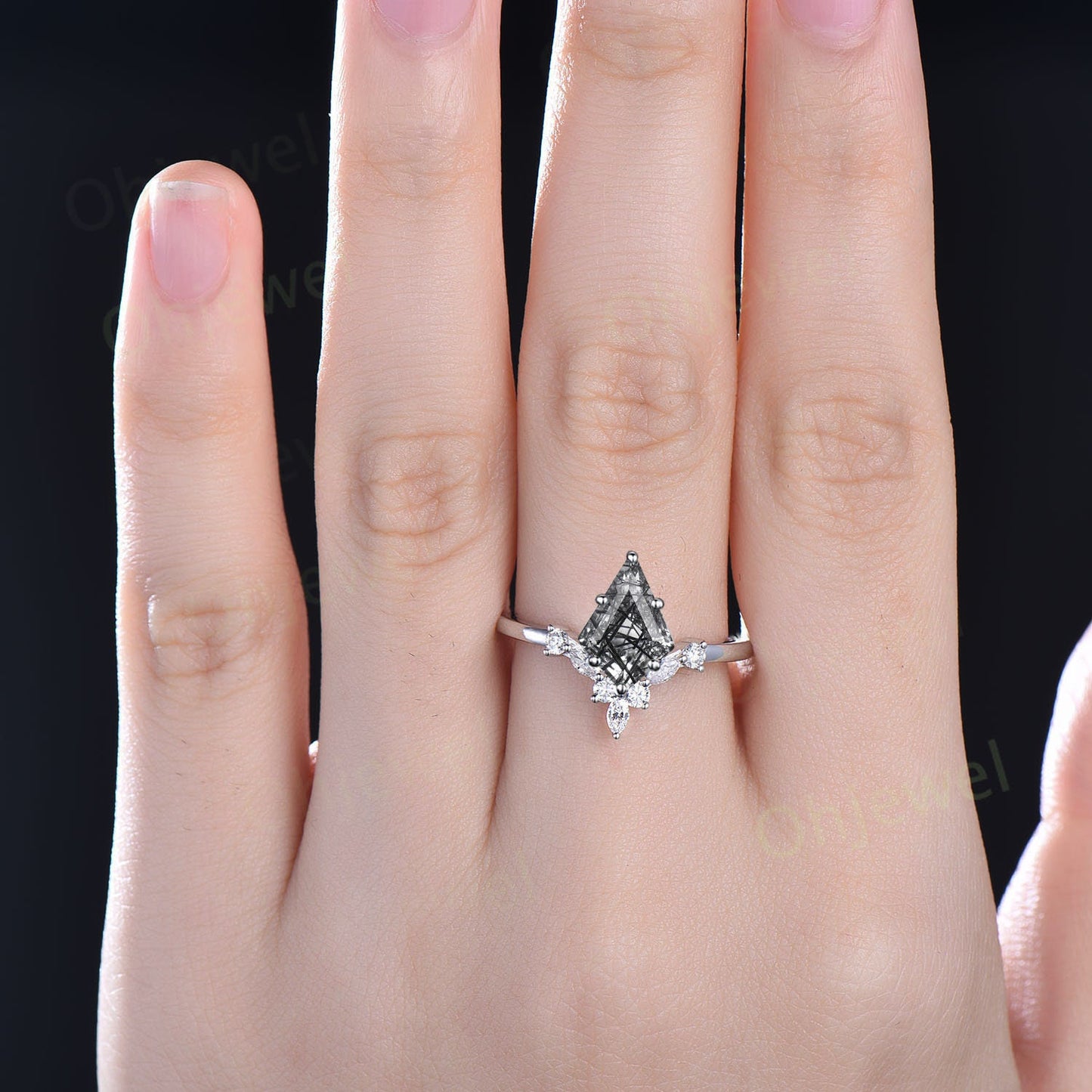 6 prong kite cut black rutilated quartz ring unique engagement ring 14k rose gold art deco diamond wedding promise anniversary ring women