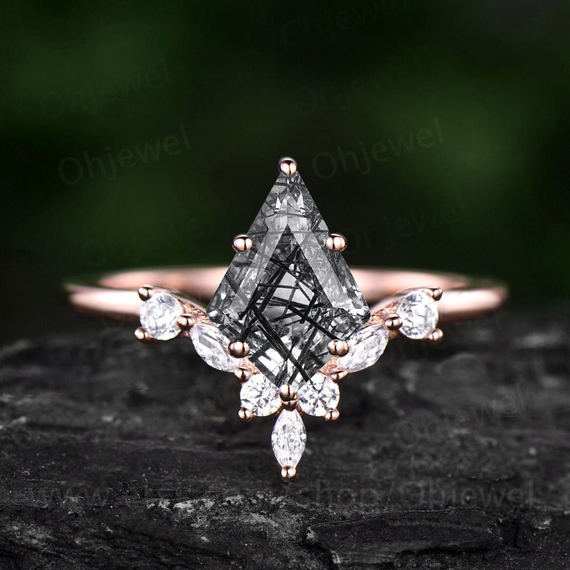 prong kite cut black rutilated quartz ring unique engagement ring 14k rose gold art deco diamond wedding promise anniversary ring women
