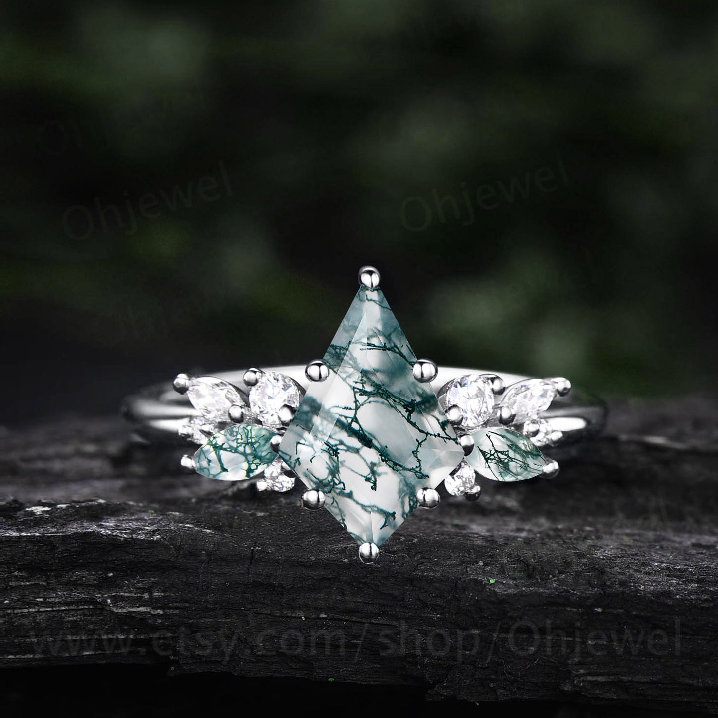Kite cut moss agate ring gold silver vintage unique engagement ring cluster diamond ring marquise cut moss agate ring wedding ring for women