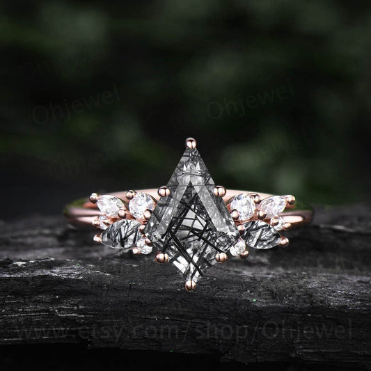Marquise Kite cut black rutilated quartz ring vintage unique engagement ring for women solid 14k rose gold diamond promise anniversary ring