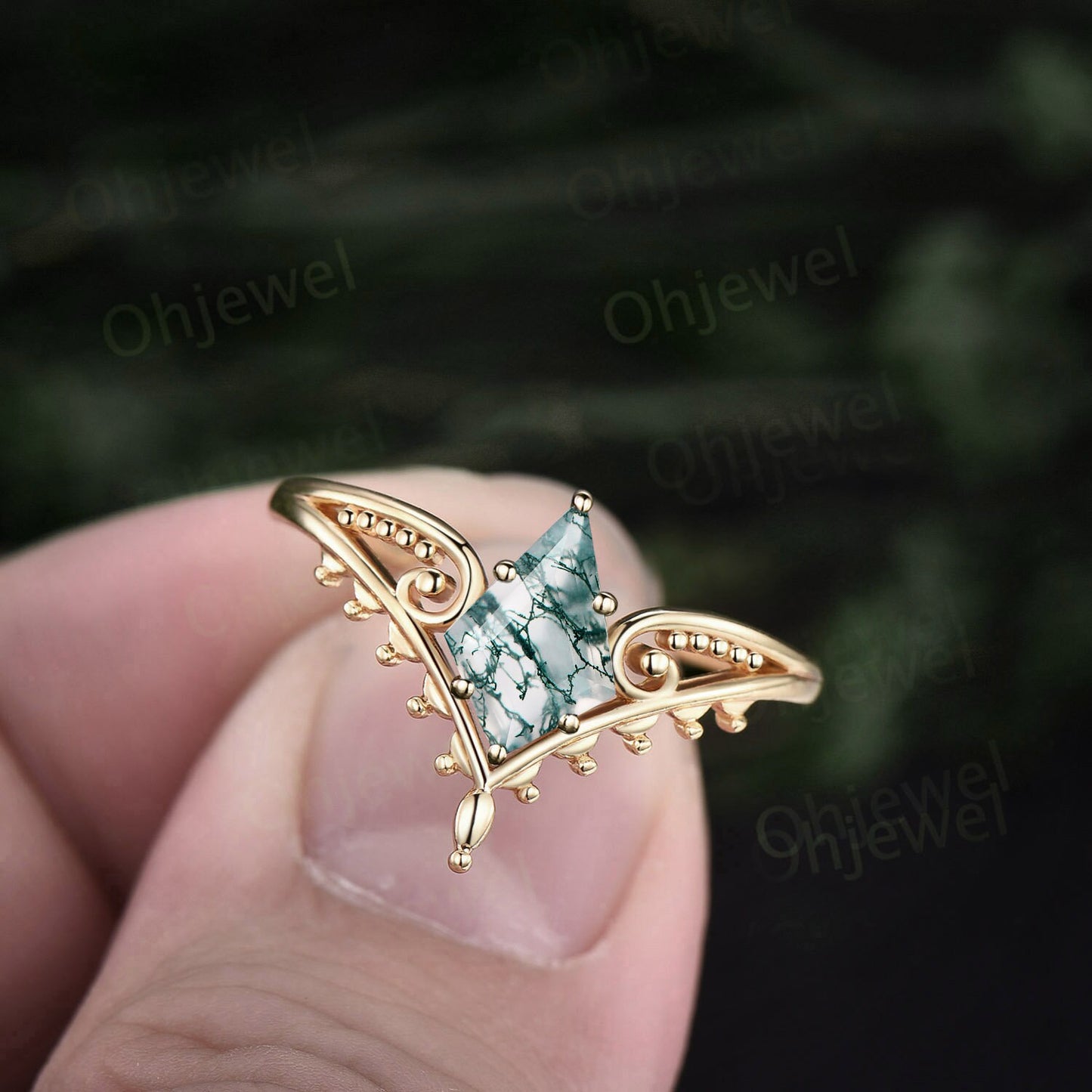 Vintage style kite cut green moss agate engagement ring 14k rose gold unique split shank Solitaire engagement ring women promise ring her