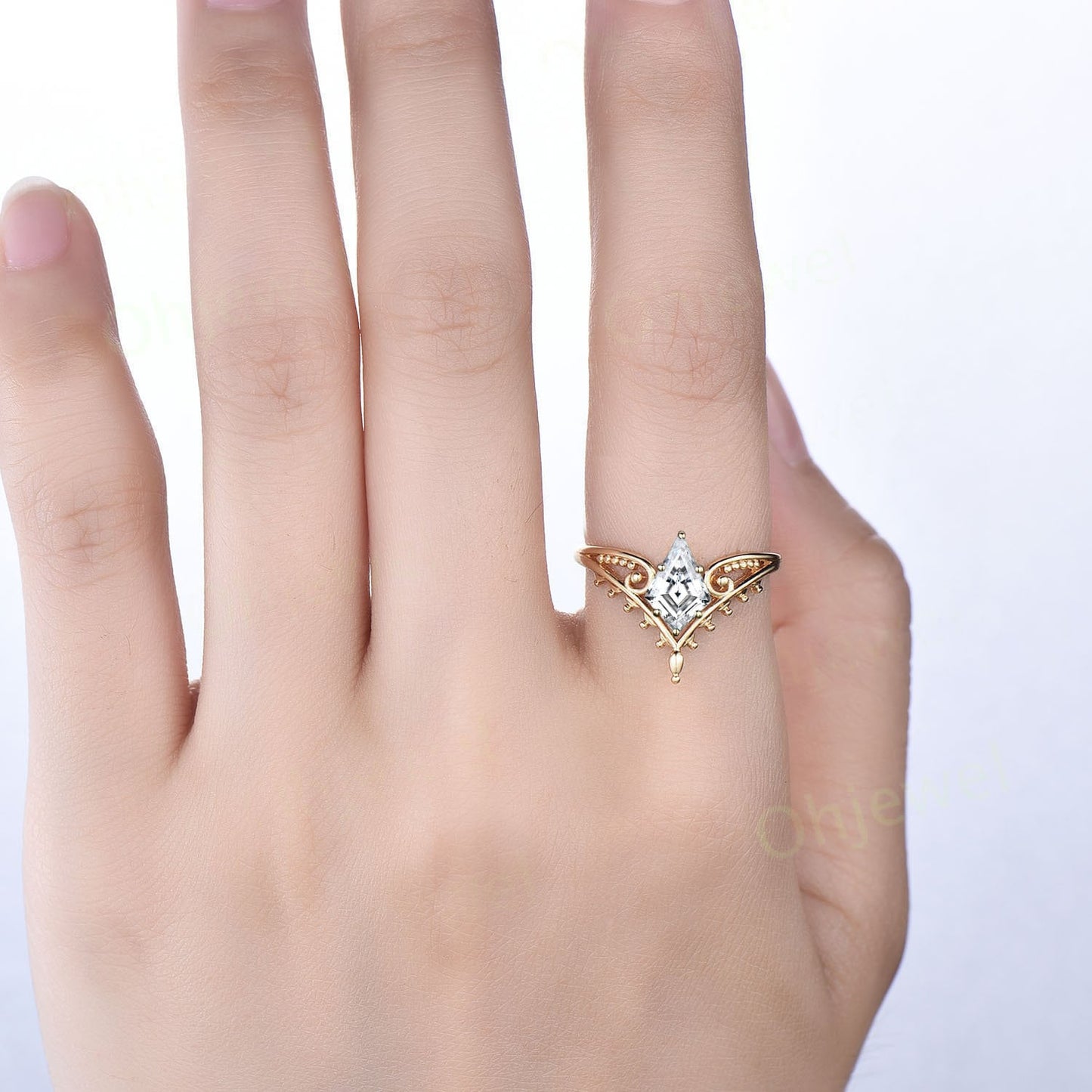 Vintage style kite cut moissanite engagement ring 14k yellow gold unique split shank Solitaire engagement ring for women promise ring her