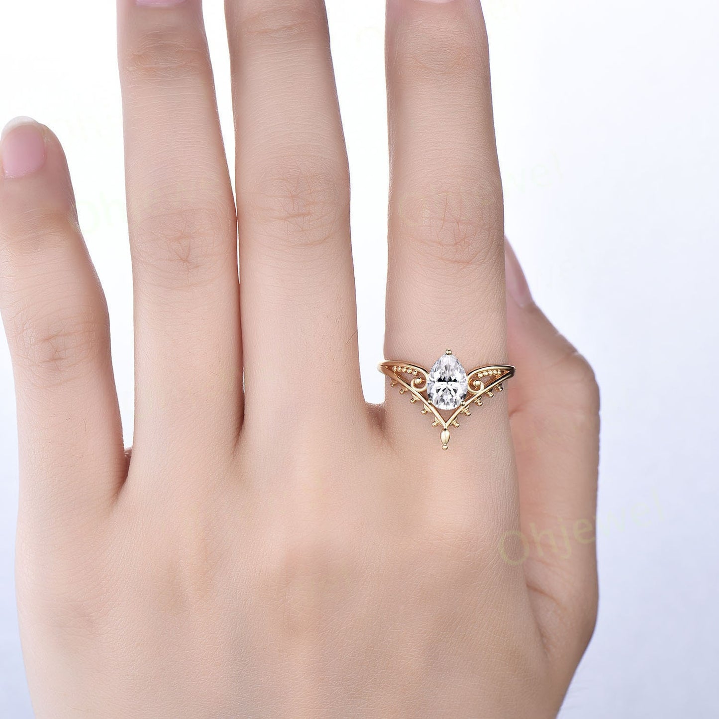 Vintage style pear shaped moissanite engagement ring 14k yellow gold unique split shank Solitaire engagement ring wedding ring for women