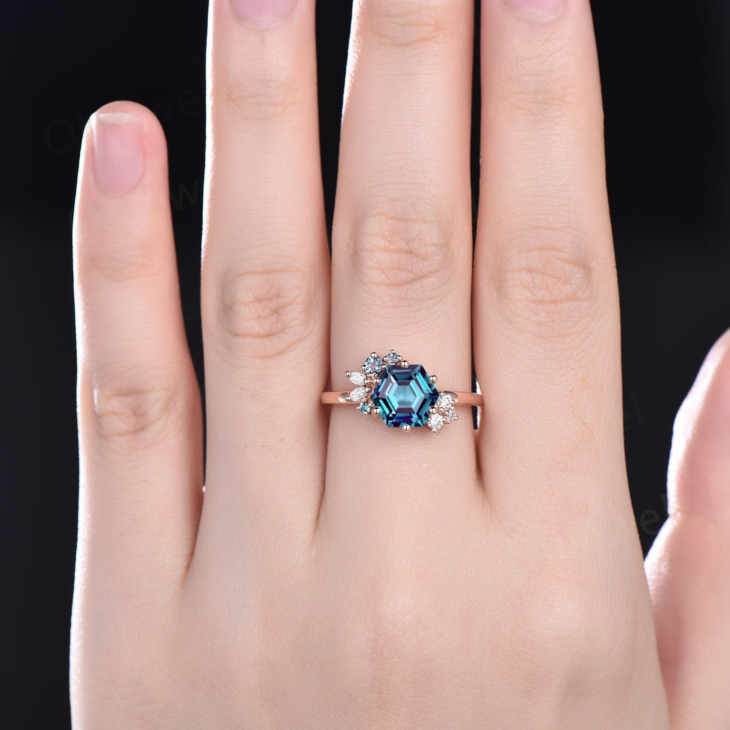 Vintage 2ct Hexagon cut Alexandrite engagement ring 14k rose gold art deco unique cluster engagement ring marquise cut diamond ring women