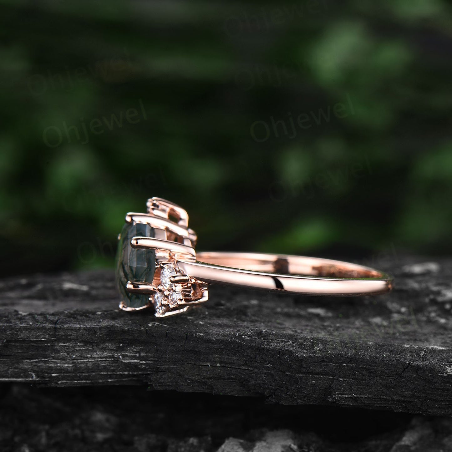 Vintage 7mm Hexagon cut green moss agate engagement ring rose gold marquise unique cluster engagement ring alexandrite diamond ring women