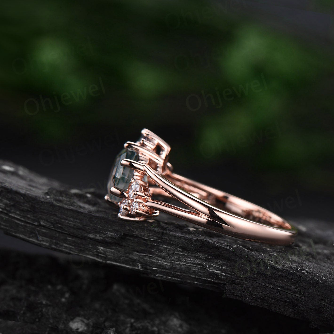 Hexagon cut moss agate engagement ring 14k rose gold silver cluster alexandrite ring 6 prong split shank diamond promise wedding ring women
