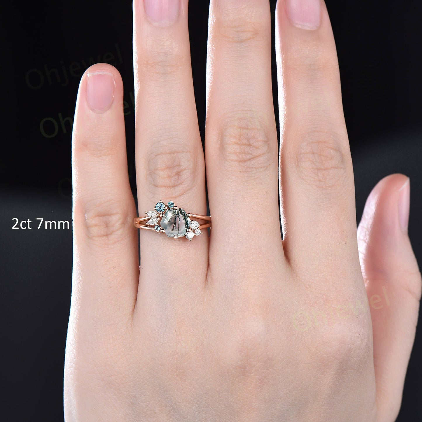 2ct Hexagon cut moss agate engagement ring 14k rose gold cluster alexandrite ring 6 prong split shank diamond promise wedding ring women