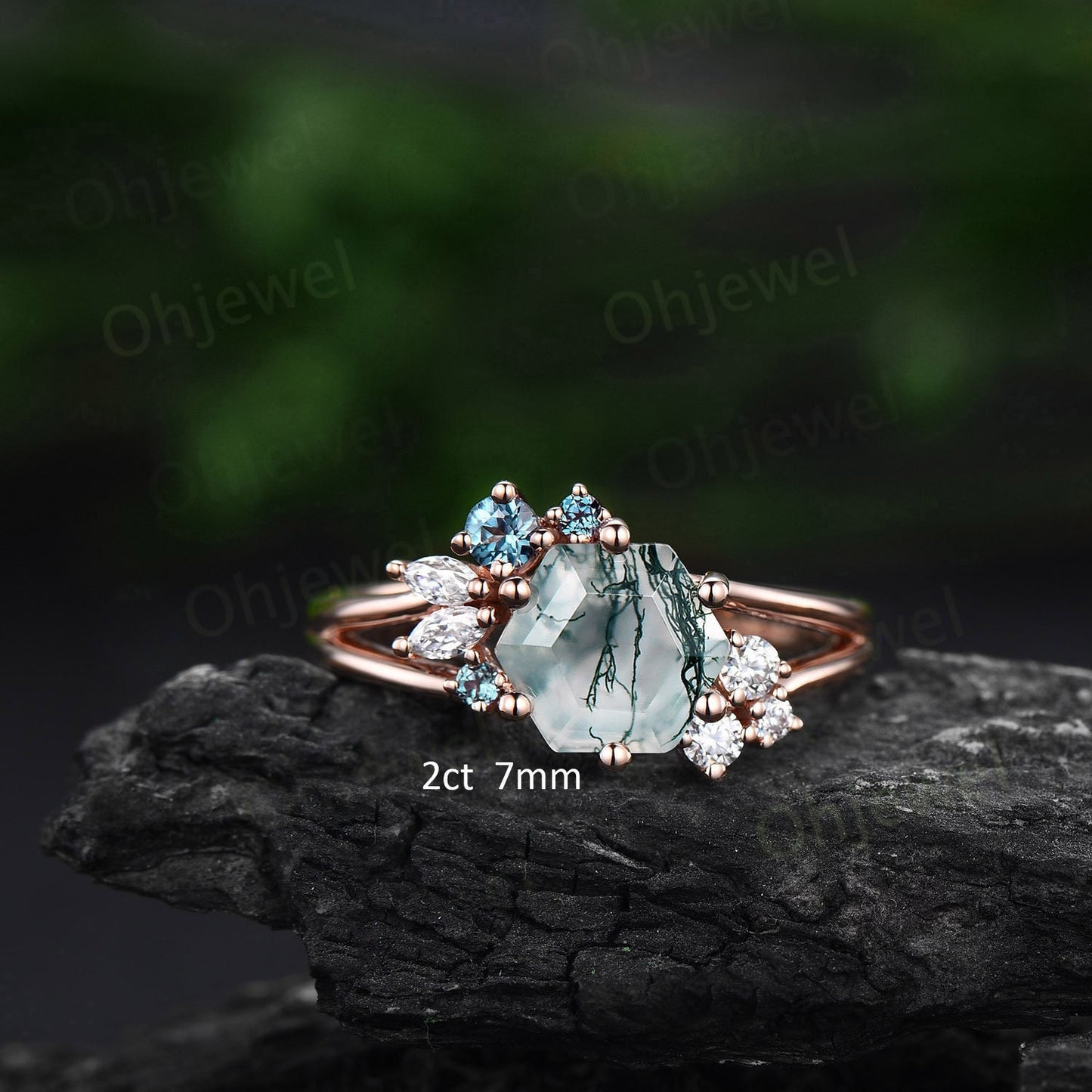 2ct Hexagon cut moss agate engagement ring 14k rose gold cluster alexandrite ring 6 prong split shank diamond promise wedding ring women