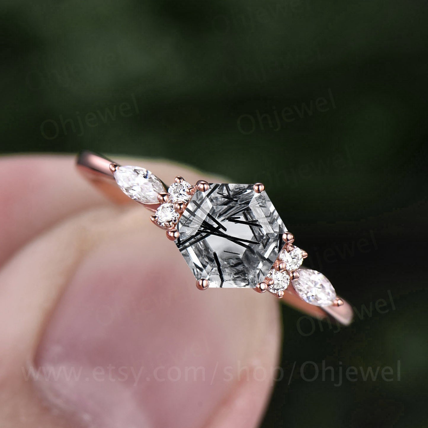 Hexagon cut black rutilated quartz engagement ring vintage art deco moissanite ring rose gold 6 prong anniversary promise ring women gifts