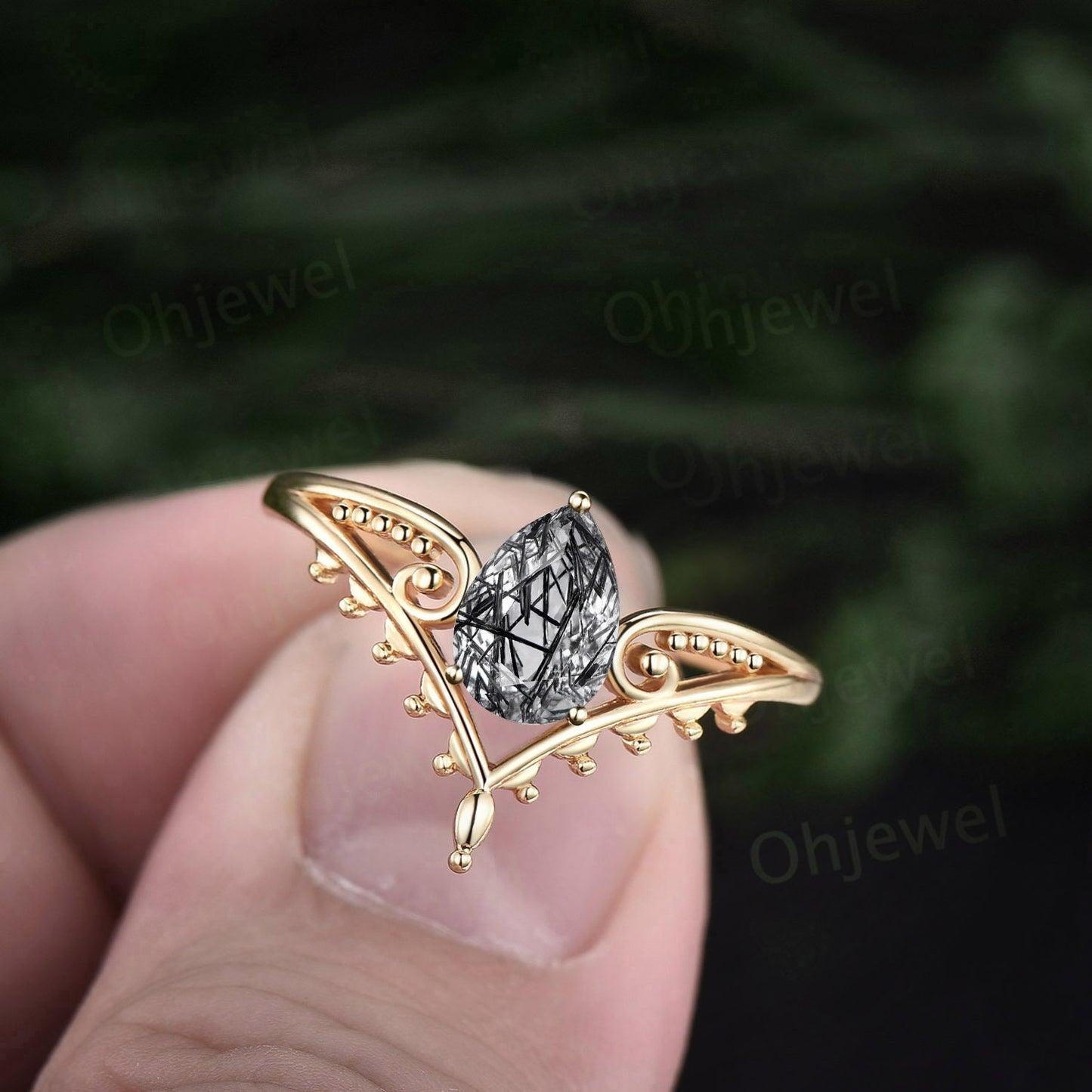 Vintage style pear shaped black rutilated quartz ring unique split shank Solitaire engagement ring 14k yellow gold women promise ring her