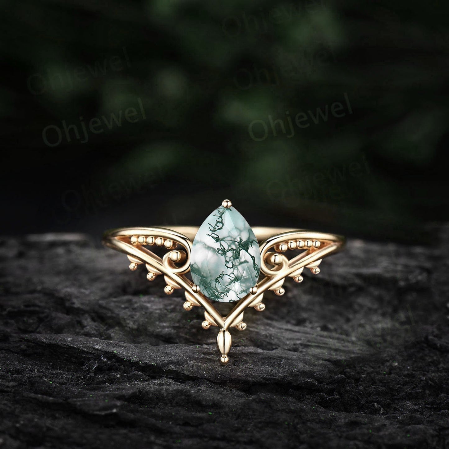Vintage style pear shaped green moss agate ring unique split shank Solitaire engagement ring for women 14k yellow gold art deco promise ring