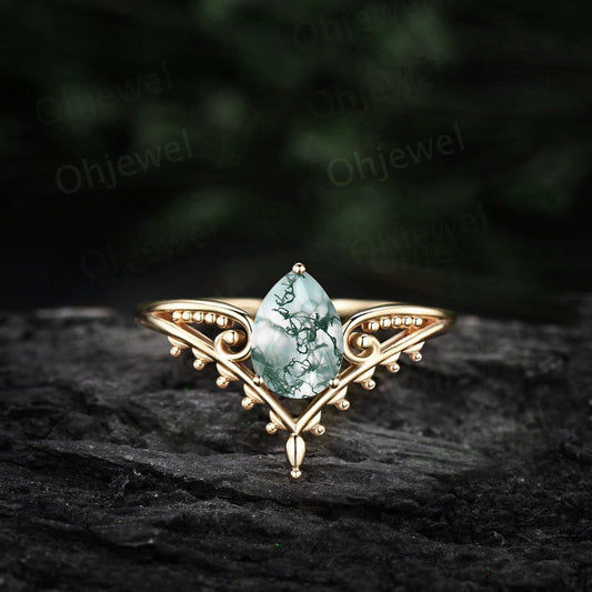 Vintage style pear shaped green moss agate ring unique split shank Solitaire engagement ring for women 14k yellow gold art deco promise ring