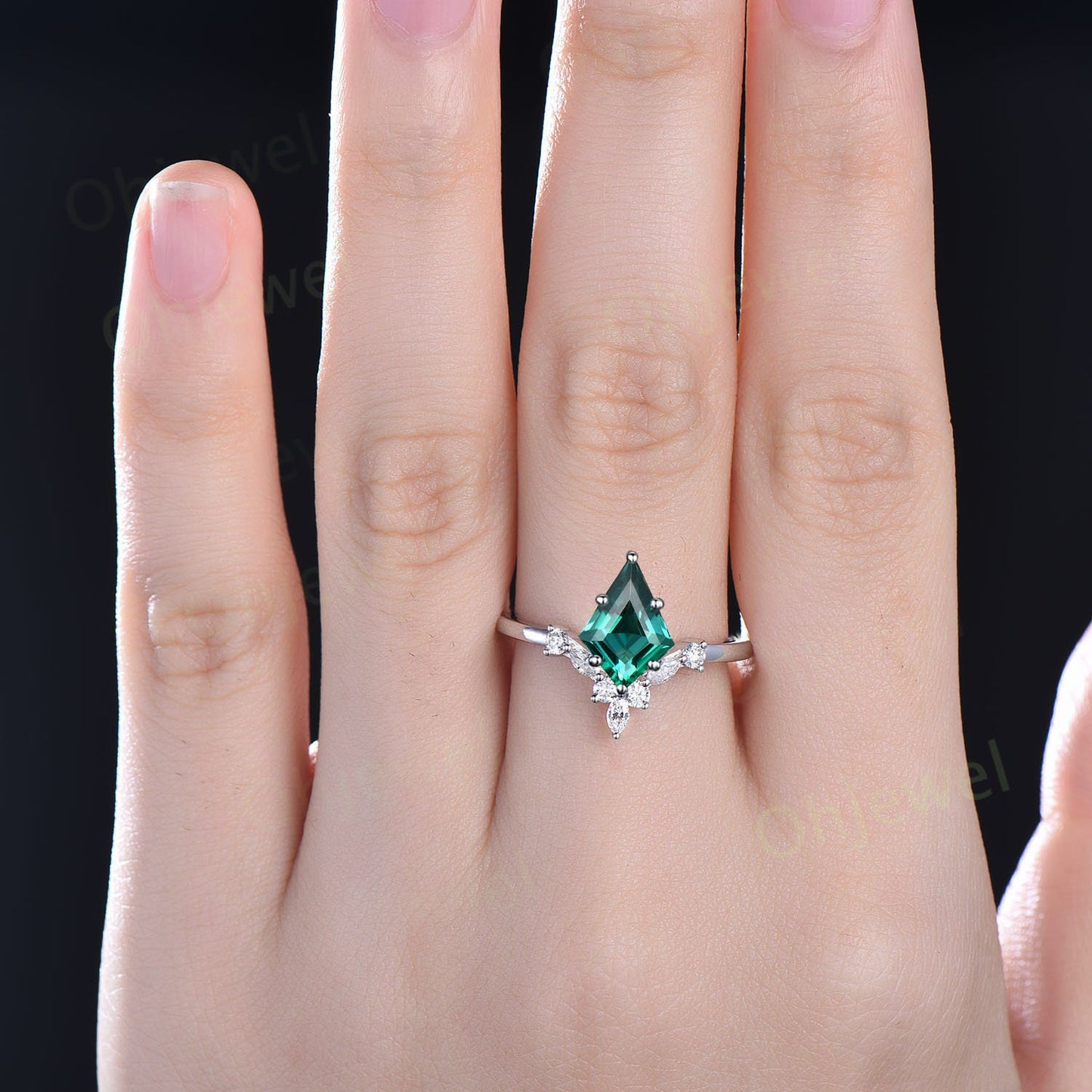 7x10mm kite cut green emerald engagement ring rose gold 6 prong unique diamond anniversary promise wedding ring women May birthstoner ring
