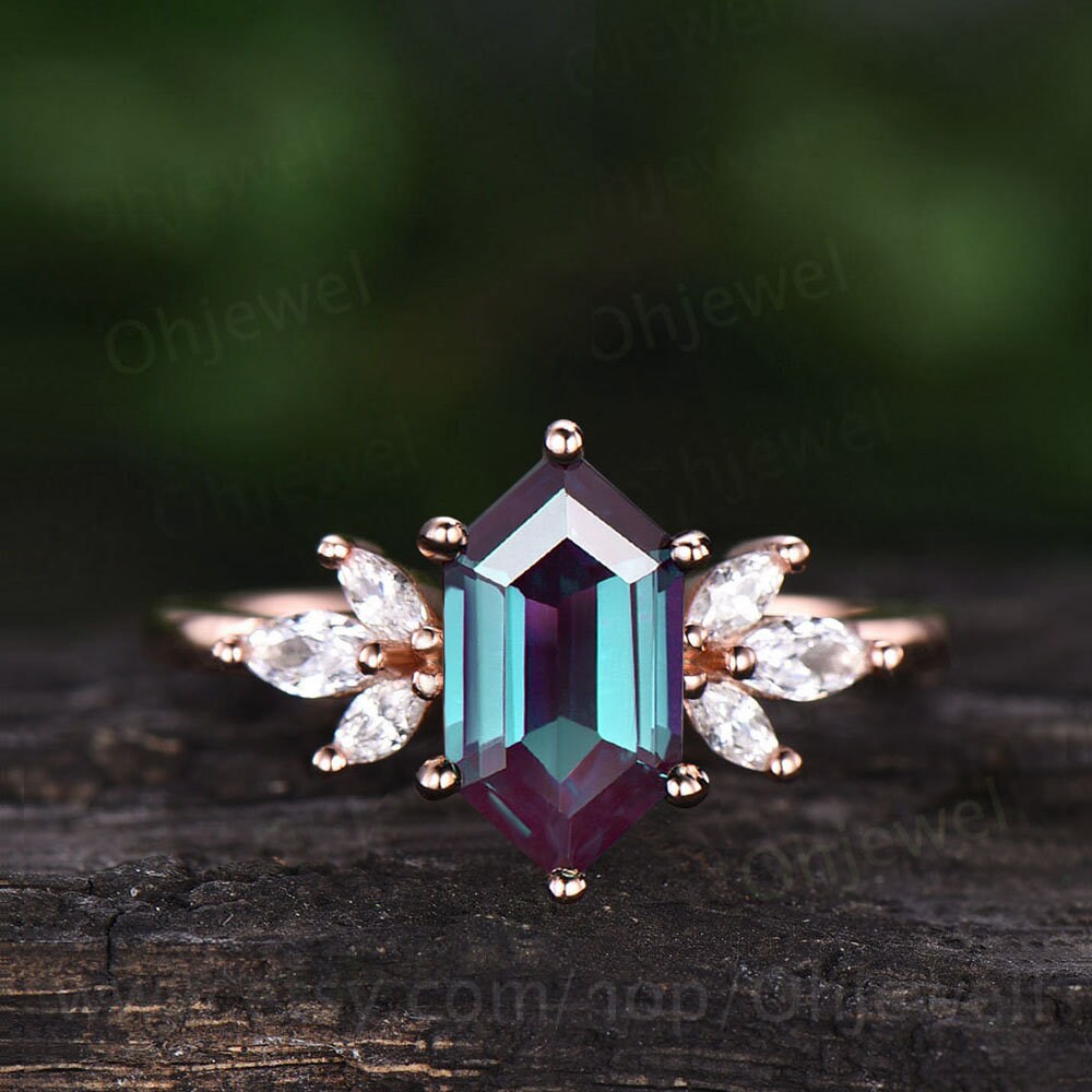 Alexandrite anniversary promise ring long hexagon cut Alexandrite engagement ring 14k rose gold silver art deco diamond ring for women gift