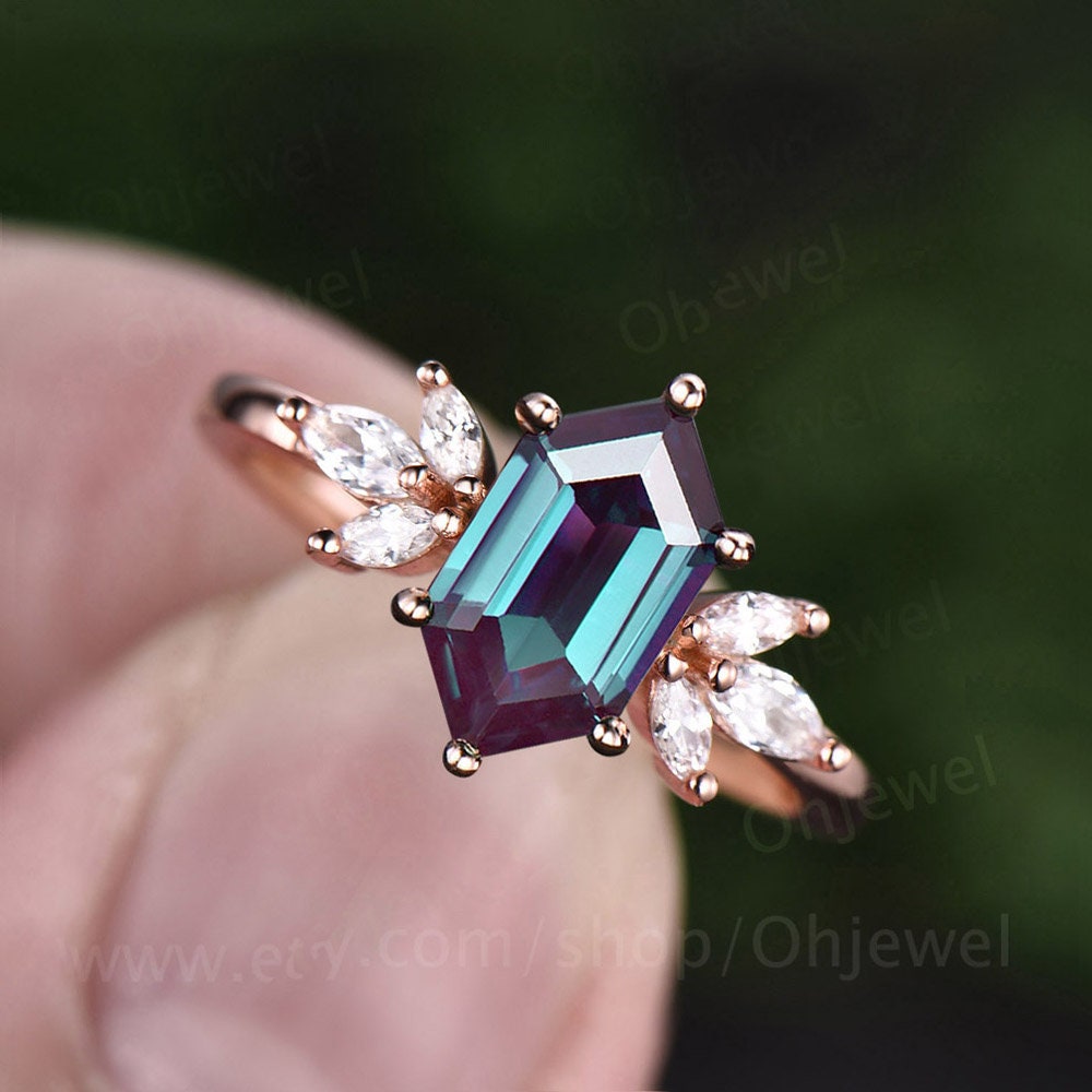 Alexandrite anniversary promise ring long hexagon cut Alexandrite engagement ring 14k rose gold silver art deco diamond ring for women gift