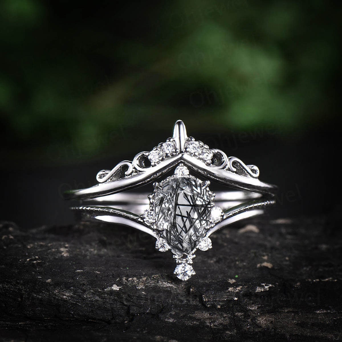 Black rutilated quartz engagement ring set pear rutilated quartz ring Milgrain vintage unique white gold moissanite ring Anniversary gifts