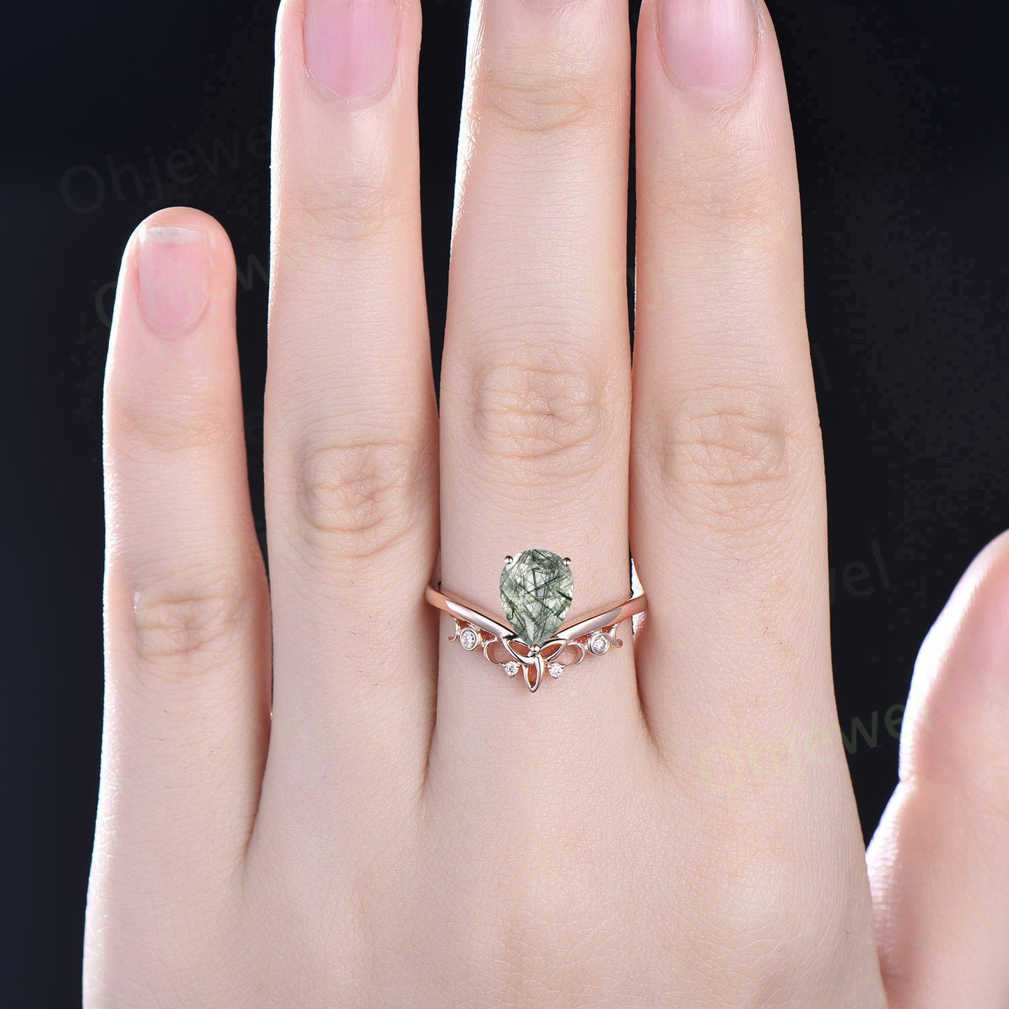 Pear shaped green Rutilated Quartz ring unique engagement ring fiver stone norse viking ring jewelry rose gold silver diamond ring women