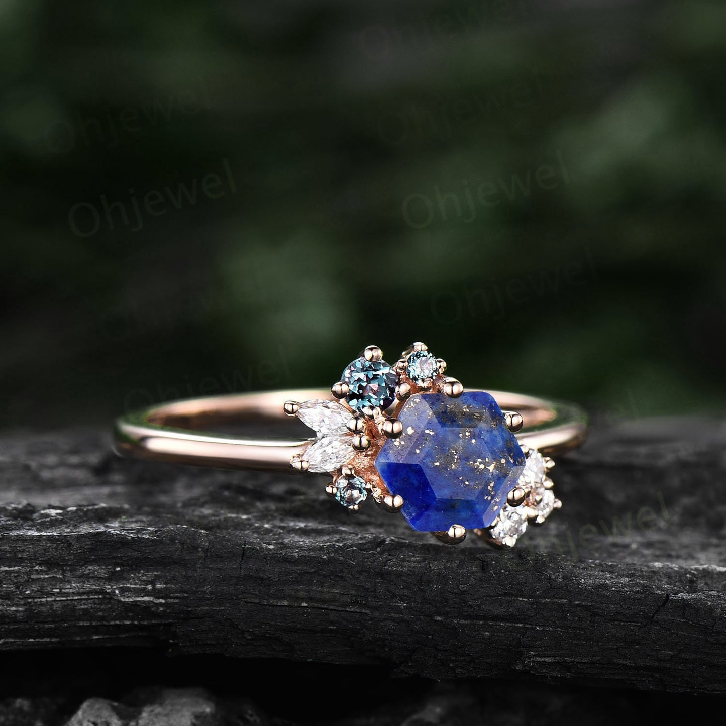 Hexagon cut Lapis Lazuli ring gold silver for women vintage unique cluster Lapis Lazuli engagement ring art deco moissanite wedding ring