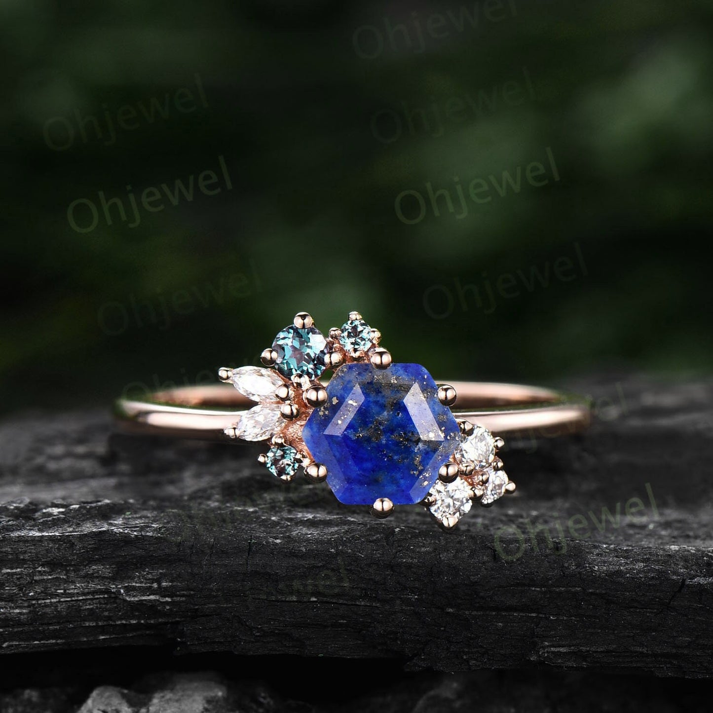 Hexagon cut Lapis Lazuli ring gold silver for women vintage unique cluster Lapis Lazuli engagement ring art deco moissanite wedding ring