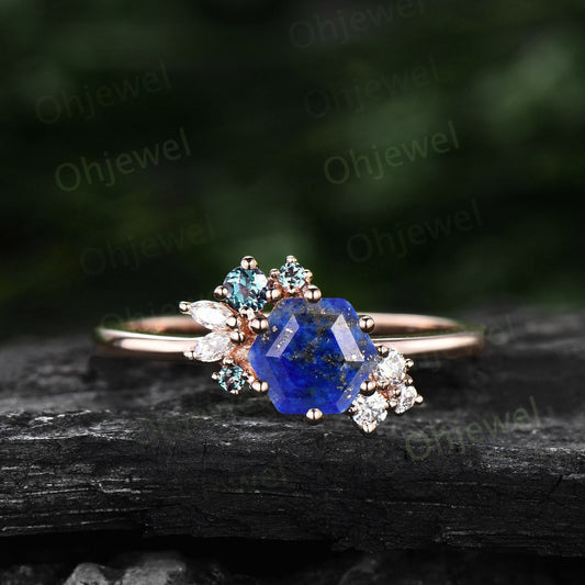 Hexagon cut Lapis Lazuli ring gold silver for women vintage unique cluster Lapis Lazuli engagement ring art deco moissanite wedding ring