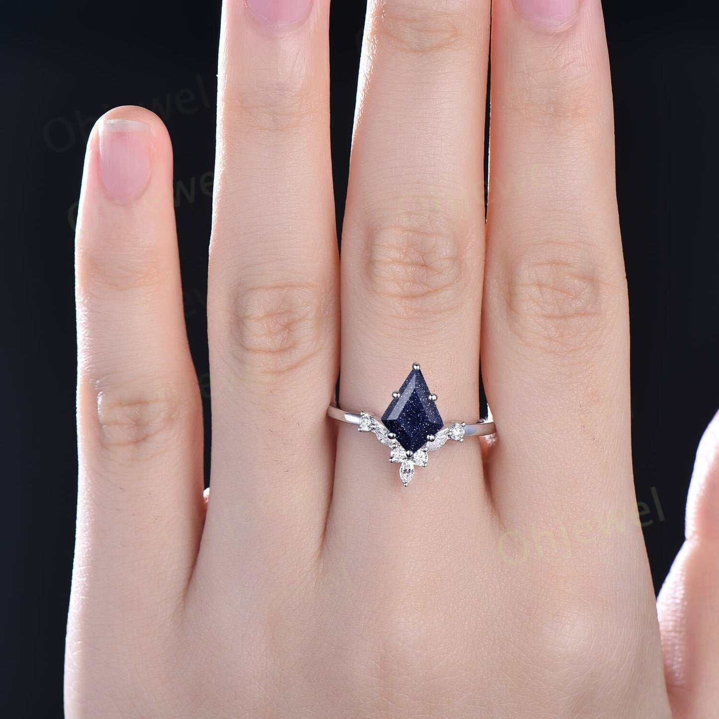 6 prong kite cut blue sandstone ring goldstone ring engagement ring 14k white gold silver art deco moissanite ring women promise anniversary