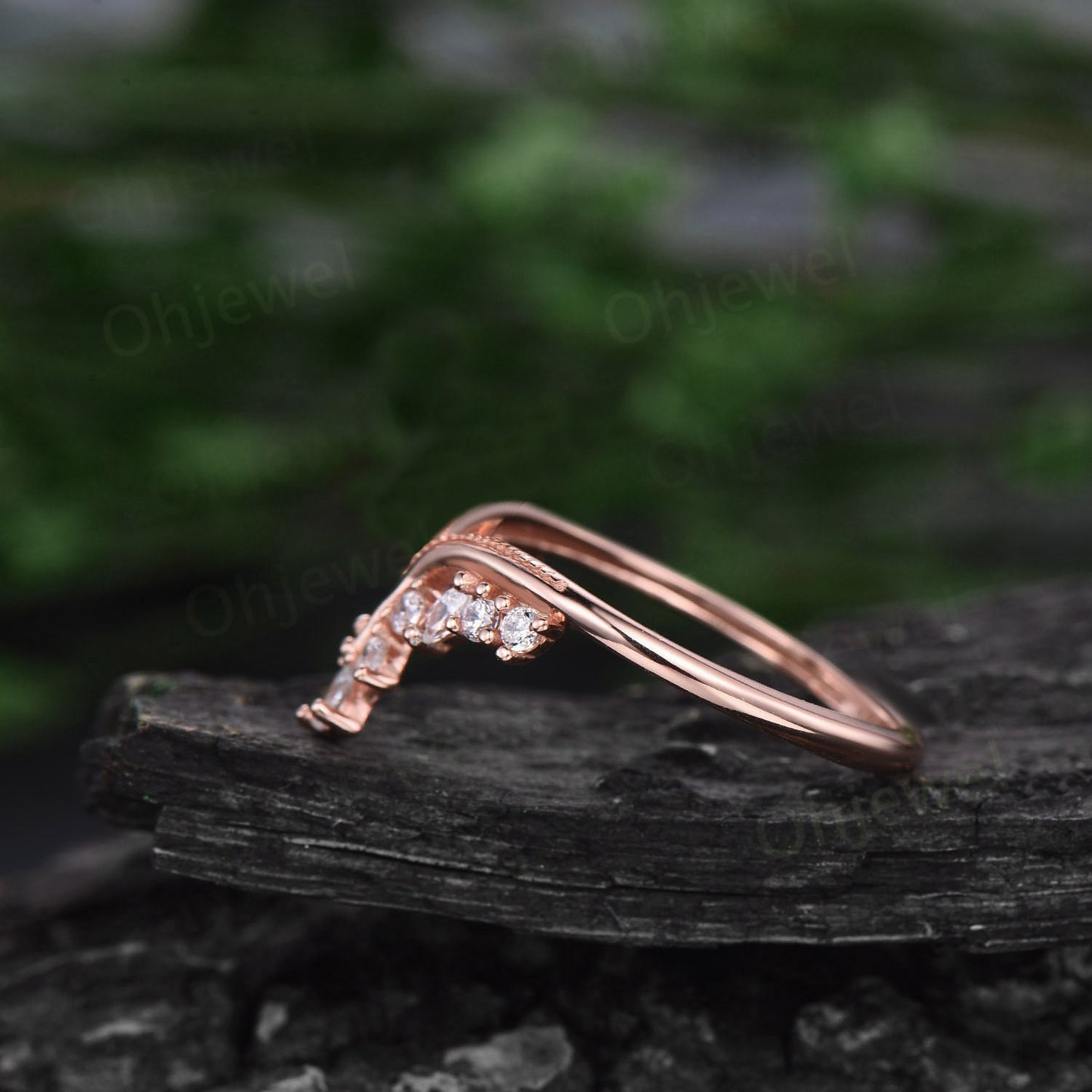 Unique pear marquise diamond wedding band 14k rose gold silver Milgrain curved cluster moissanite wedding ring band stacking matching ring