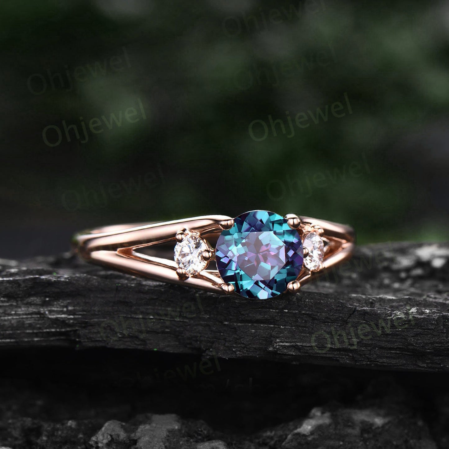 2ct Round cut Alexandrite ring three stone split shank engagement ring vintage moissanite ring rose gold silver June birthstone promise ring