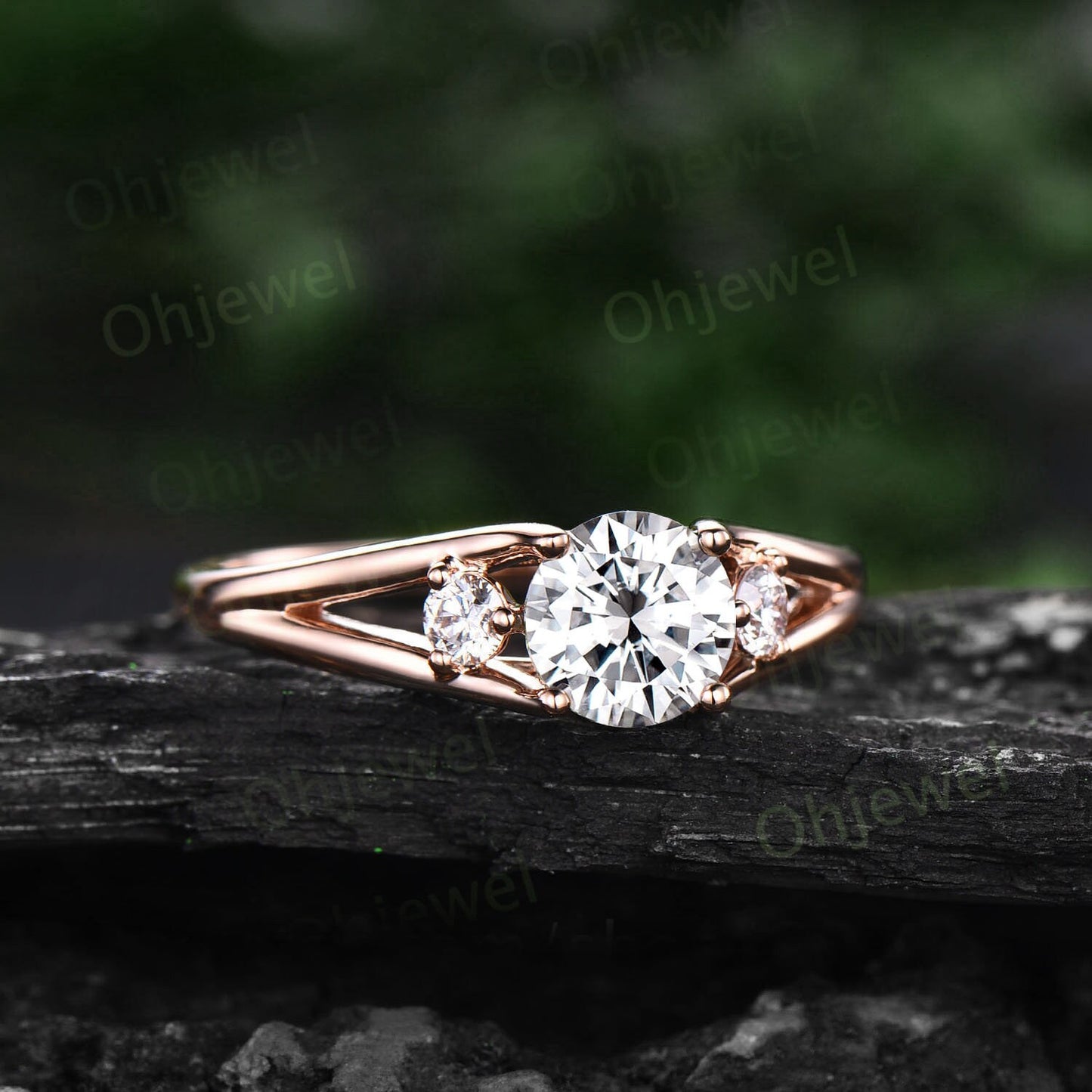 2ct Round cut moissanite ring three stone split shank engagement ring vintage 14k yellow gold silver unique promise wedding ring for women