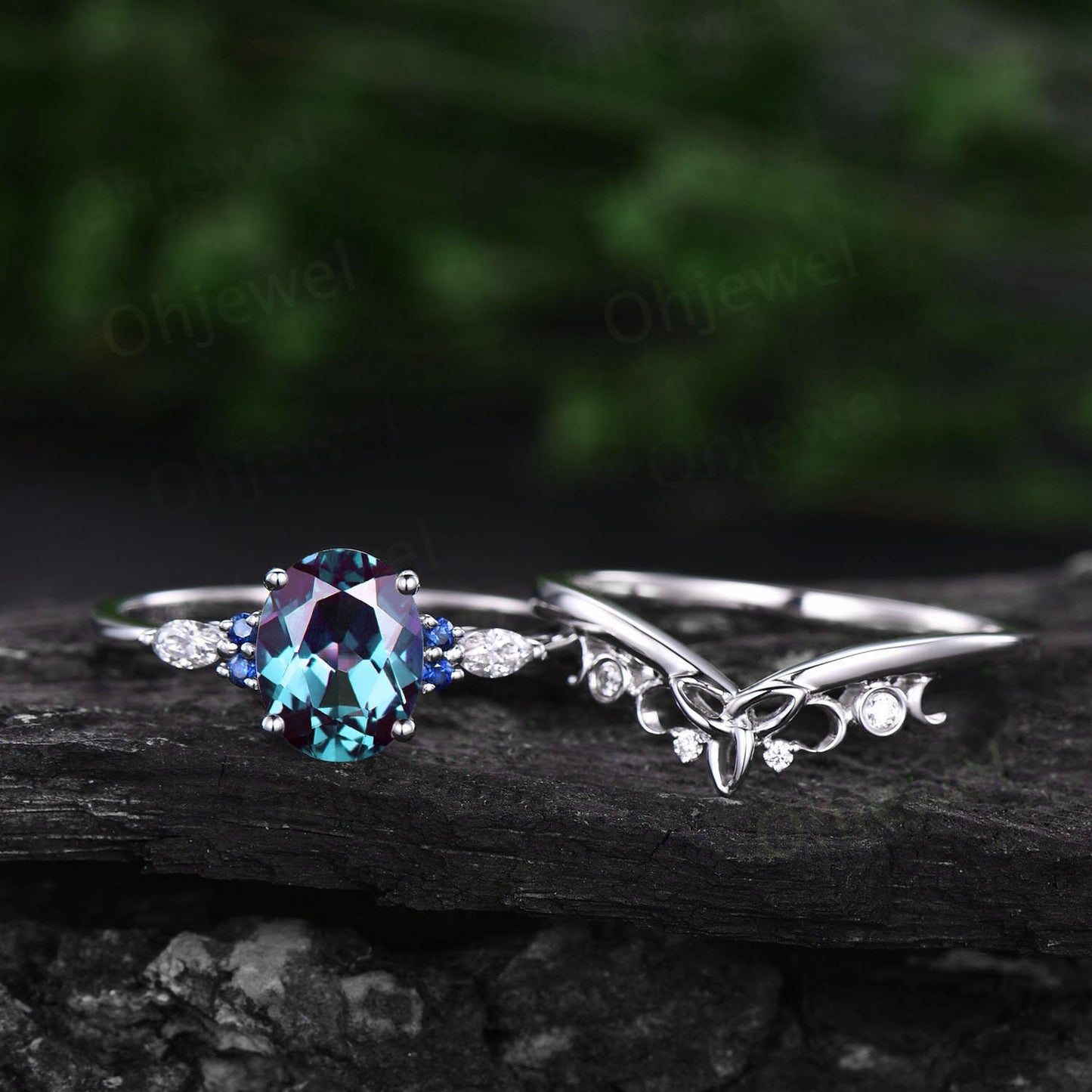 2ct oval cut Alexandrite engagement ring set 14k white gold silver natural sappire ring marquise cut moissanite ring women bridal sets gifts