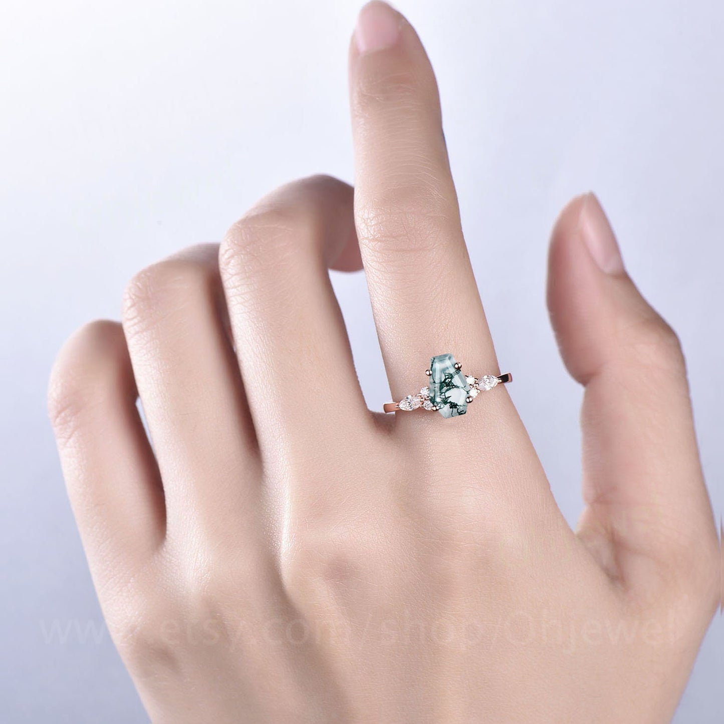 Coffin shaped green moss agate ring unique engagement ring 14k rose gold silver art deco diamond ring women anniversary wedding promise ring