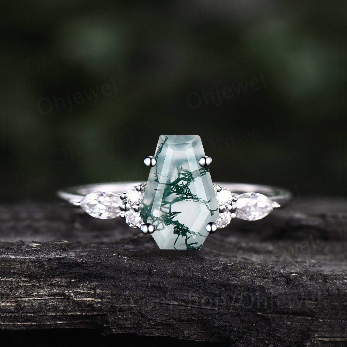 Coffin shaped green moss agate ring unique engagement ring 14k rose gold silver art deco diamond ring women anniversary wedding promise ring