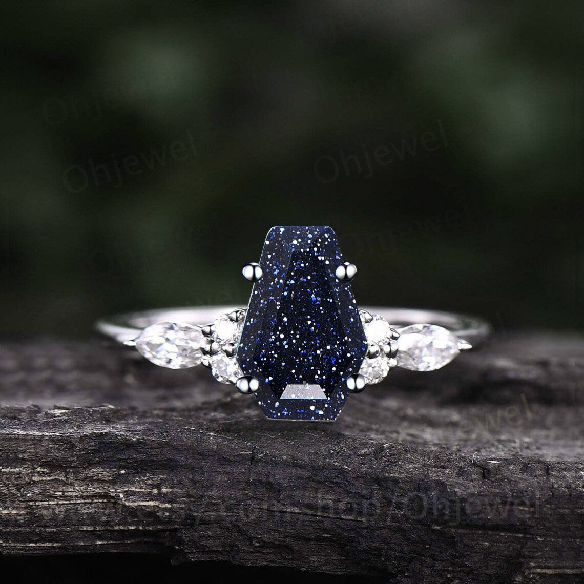 Coffin shaped blue sandstone ring unique engagement ring 14k rose gold silver blue goldstone ring diamond anniversary promise ring women