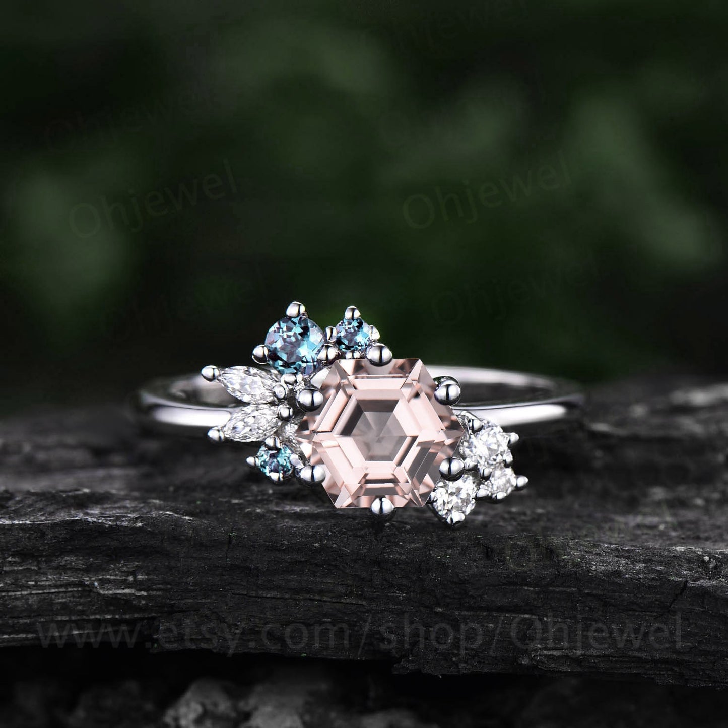 Hexagon cut pink morganite ring rose gold vintage unique engagement ring cluster Alexandrite ring marquise diamond wedding ring for women