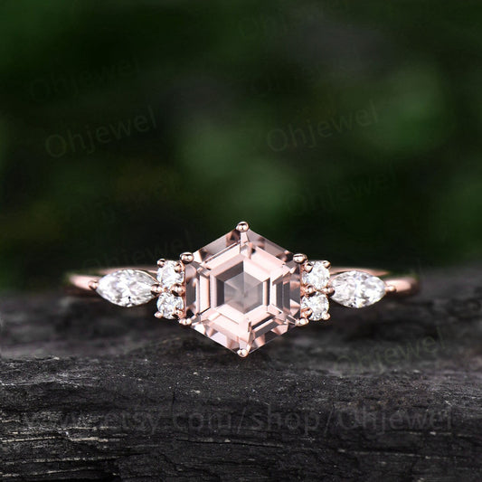 Morganite ring vintage Hexagon cut pink morganite engagement ring 14k rose gold marquise cut diamond ring for women unique promise ring her