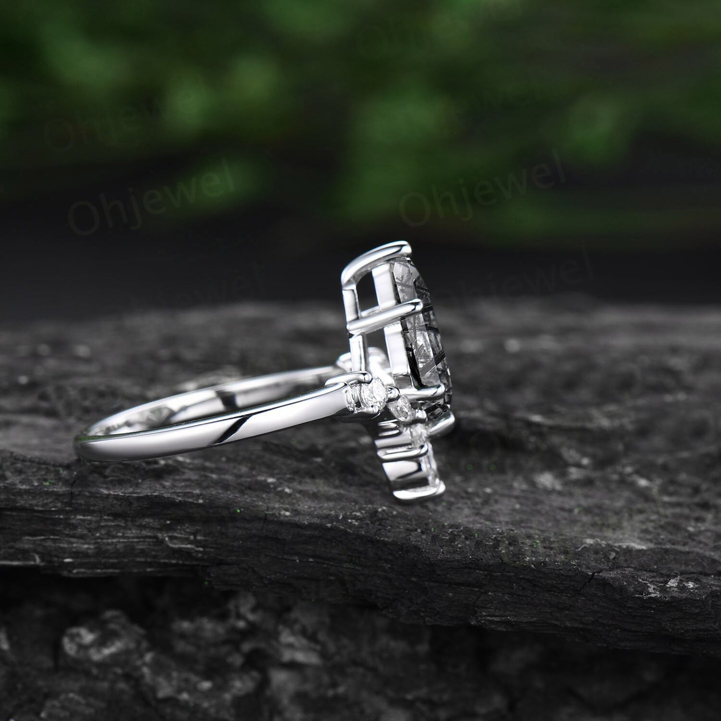 6 prong kite cut black rutilated quartz ring unique engagement ring 14k rose gold art deco diamond wedding promise anniversary ring women