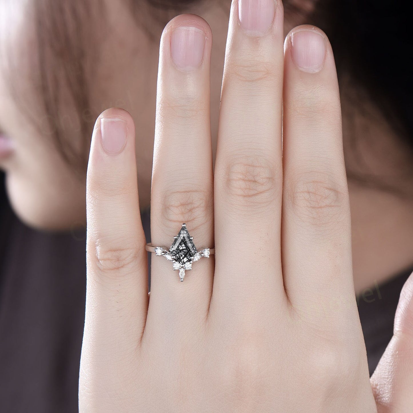 6 prong kite cut black rutilated quartz ring unique engagement ring 14k rose gold art deco diamond wedding promise anniversary ring women