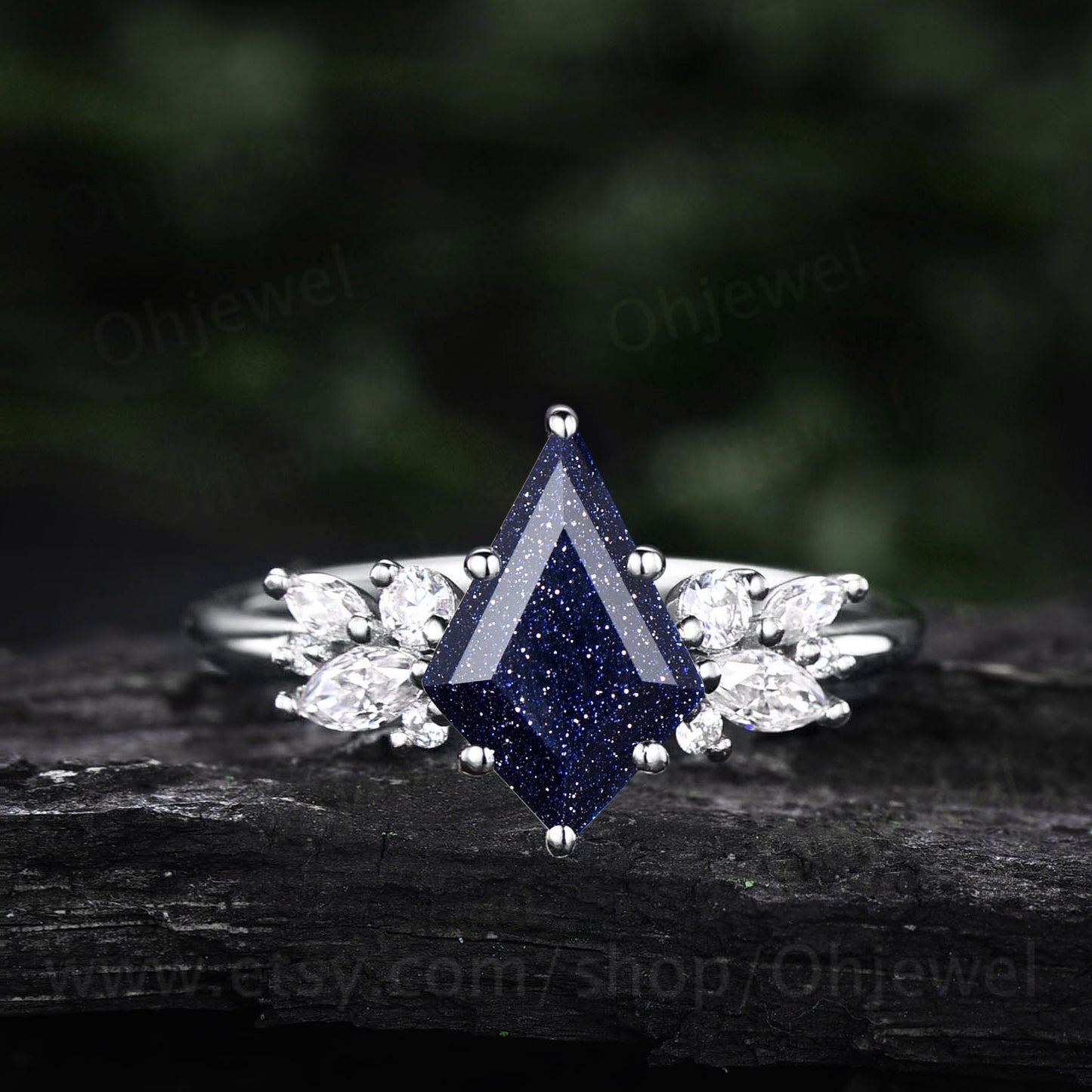 Kite cut blue sandstone ring rose gold cluster unique engagement ring for women marquise cut ring diamond wedding promise anniversary ring