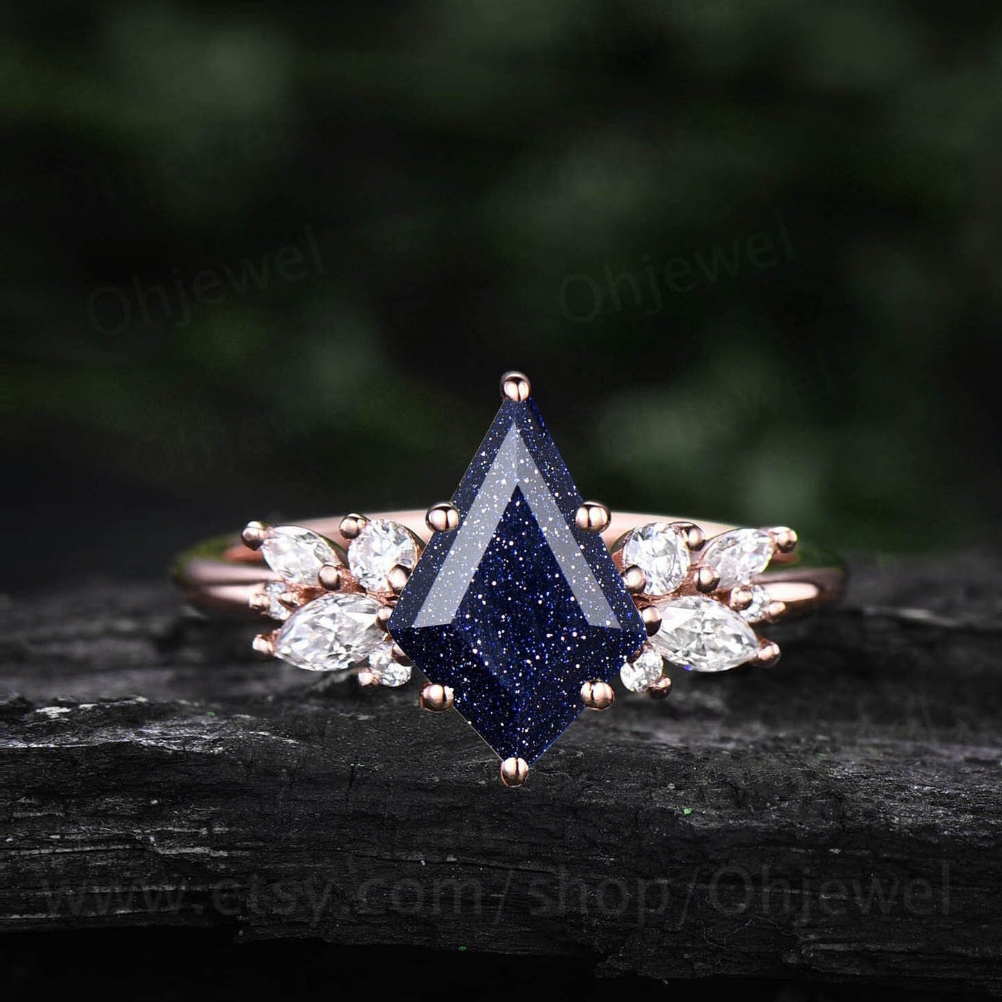 Kite cut blue sandstone ring rose gold cluster unique engagement ring for women marquise cut ring diamond wedding promise anniversary ring