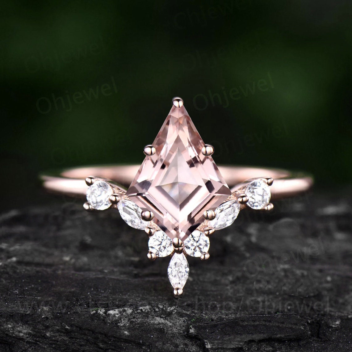 Unique kite cut pink morganite engagement ring solid 14k rose gold
