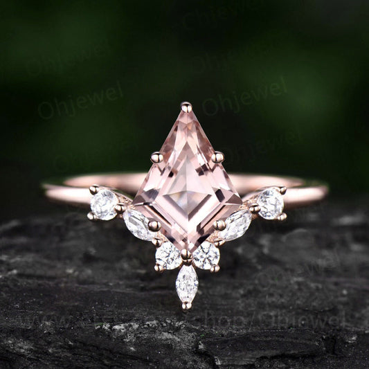 Unique kite cut pink morganite engagement ring solid 14k rose gold curved art deco diamond ring vintage wedding ring for women fine jewelry