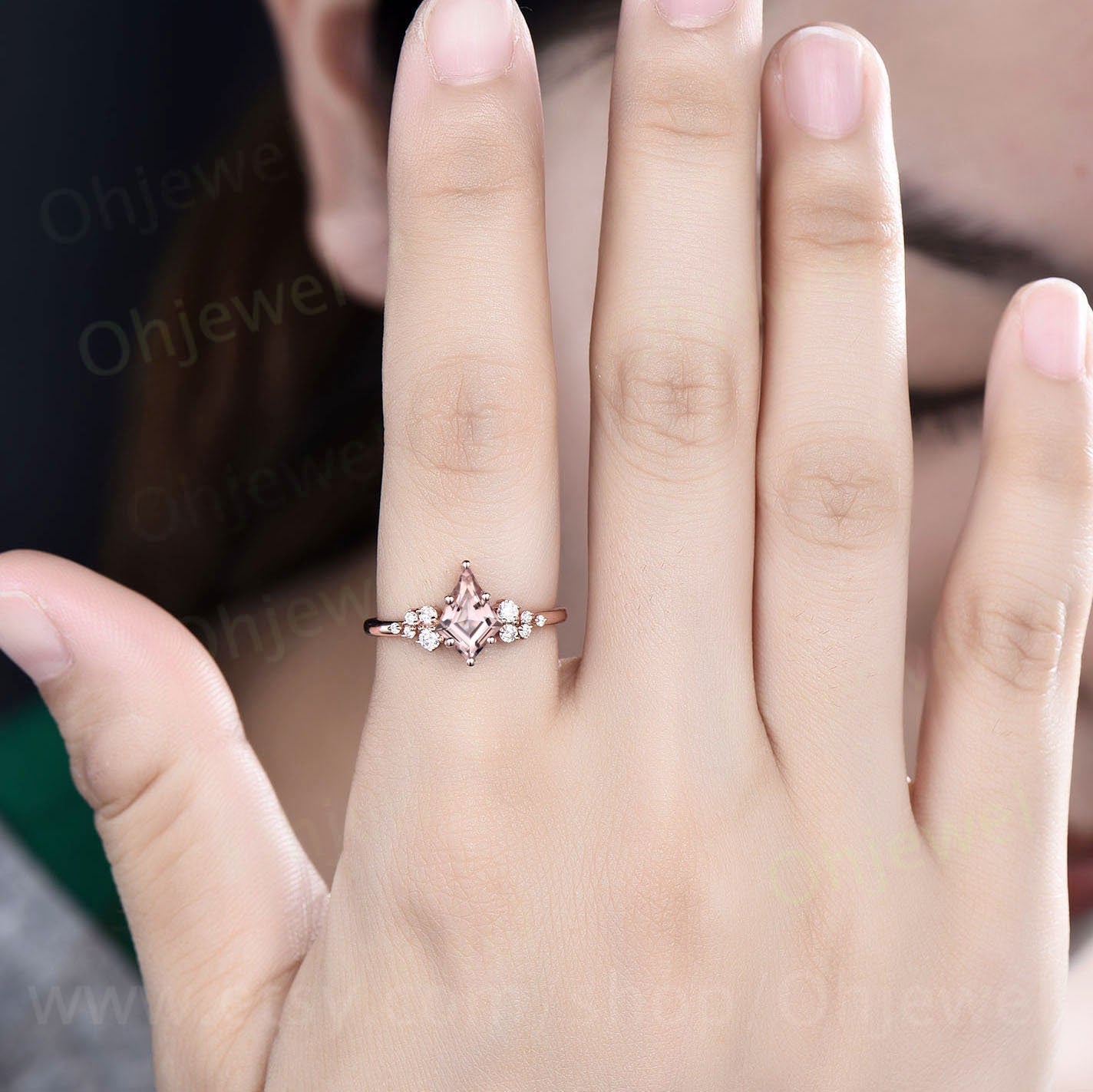 1ct kite cut pink morganite engagement ring set rose gold unique snowdrift engagement ring for women round diamond ring antique bridal set