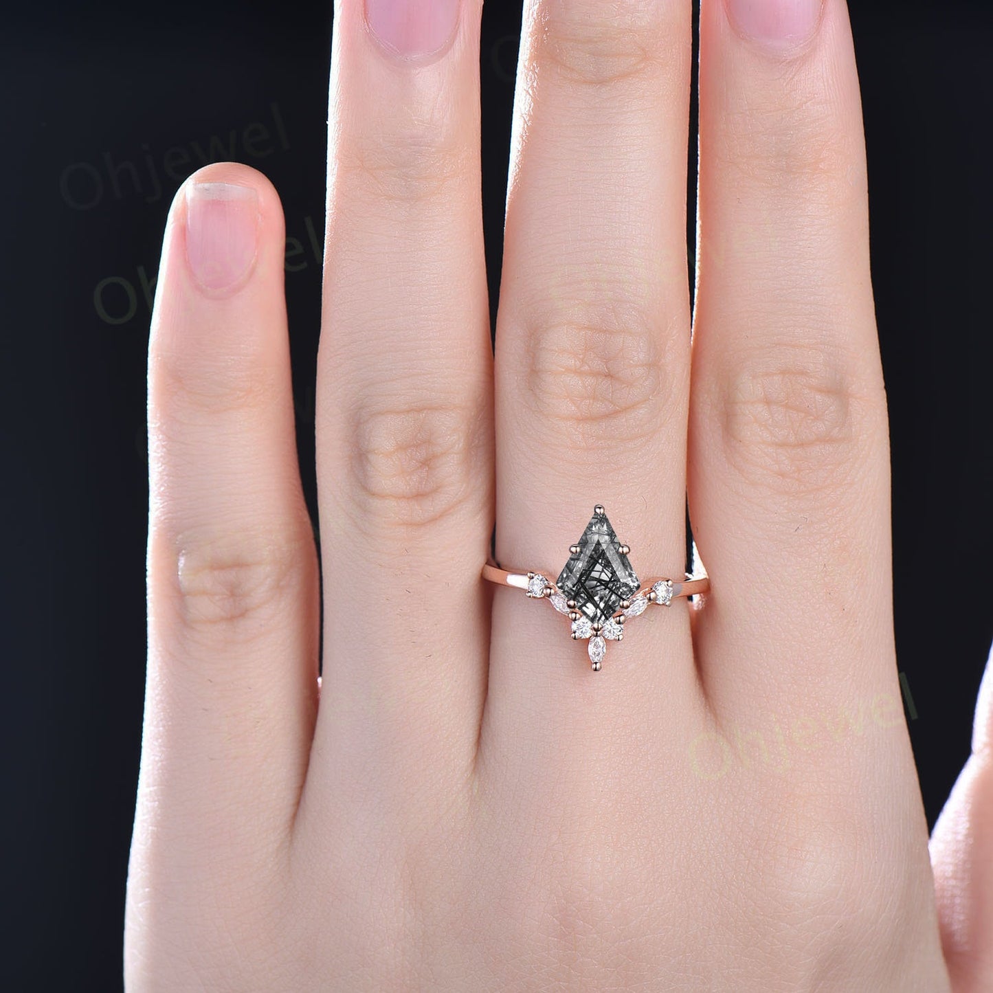 6 prong kite cut black rutilated quartz ring unique engagement ring 14k rose gold art deco diamond wedding promise anniversary ring women