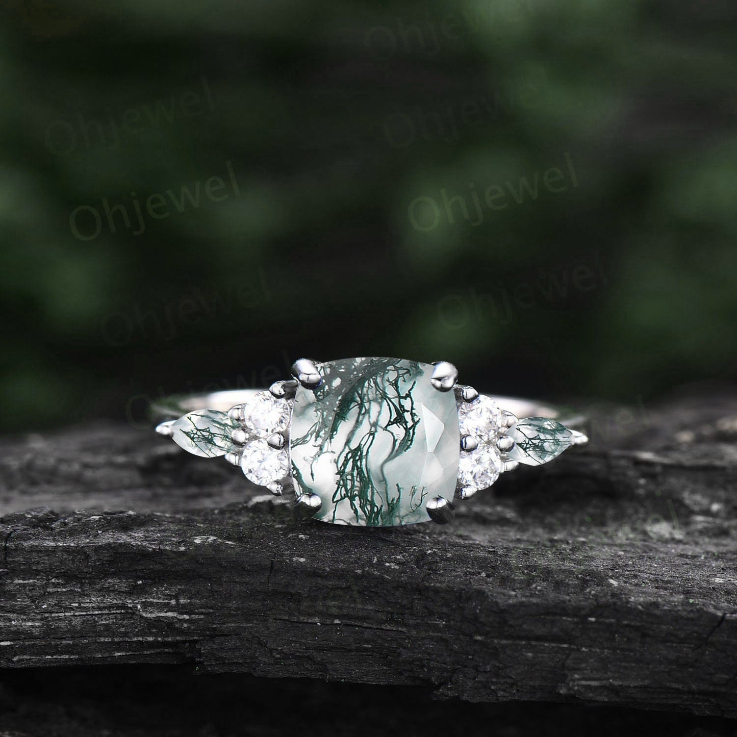 Vintage cushion cut green moss agate engagement ring rose gold diamond ring marquise cut moss agate ring unique anniversary ring for women