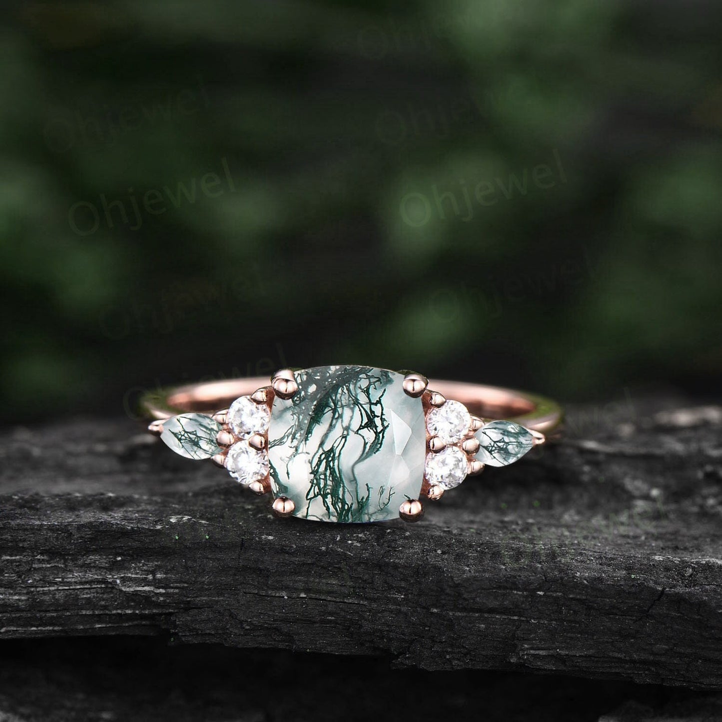 Vintage cushion cut green moss agate engagement ring rose gold diamond ring marquise cut moss agate ring unique anniversary ring for women