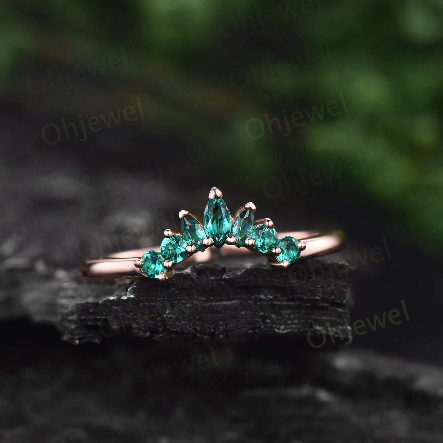 Vintage marquise cut emerald wedding band 14k rose gold sterling silver emerald ring crown curved wedding ring band stacking ring women gift