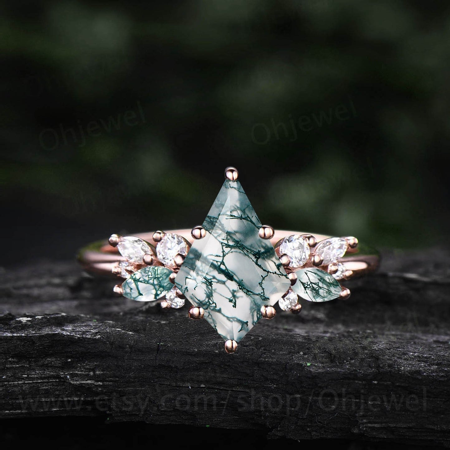 Kite cut moss agate ring gold silver vintage unique engagement ring cluster diamond ring marquise cut moss agate ring wedding ring for women