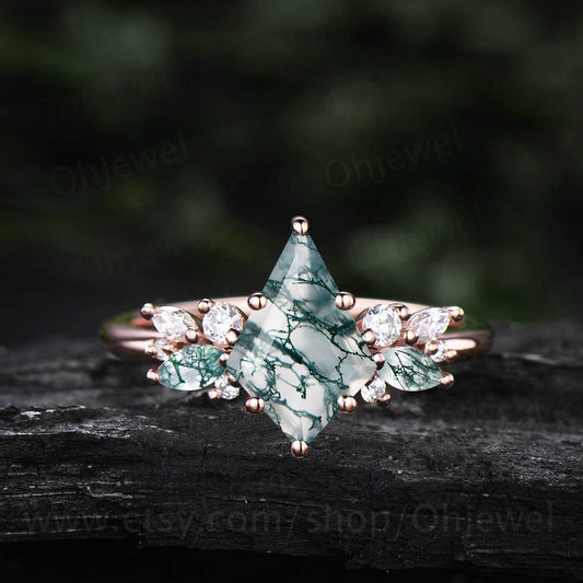 Kite cut moss agate ring gold silver vintage unique engagement ring cluster diamond ring marquise cut moss agate ring wedding ring for women
