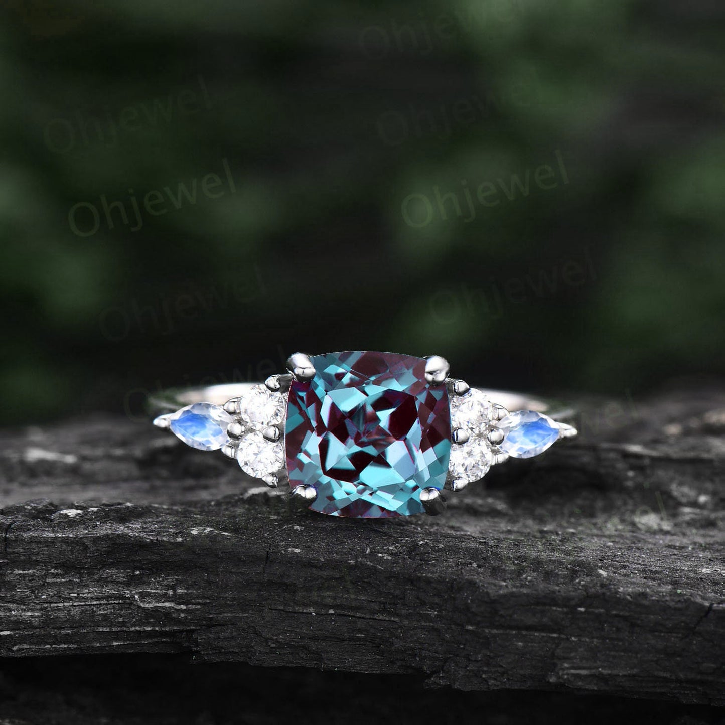 Vintage cushion cut Alexandrite engagement ring 14k rose gold marquise cut moonstone ring silver diamond promise anniversary ring for women