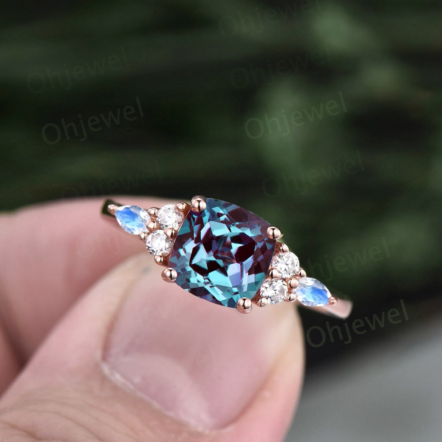 Vintage cushion cut Alexandrite engagement ring 14k rose gold marquise cut moonstone ring silver diamond promise anniversary ring for women